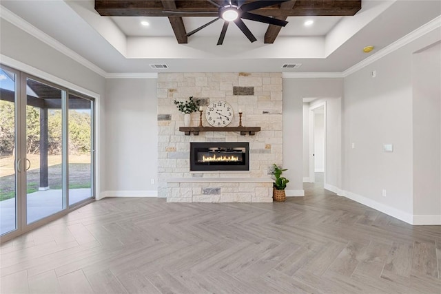 122 Liberty Bell Ln, Fischer, TX 78623 - unfurnished living room with baseboards, a fireplace, ceiling fan, coffered ceiling, and beamed ceiling