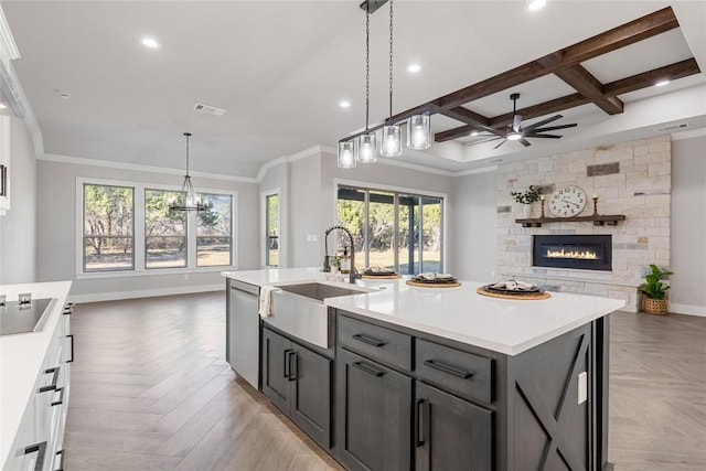 122 Liberty Bell Ln, Fischer, TX 78623 - kitchen featuring a sink, open floor plan, dishwasher, ceiling fan, and a fireplace