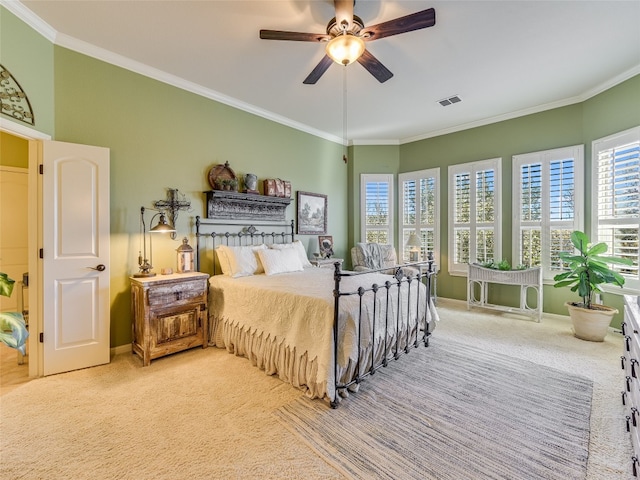 217 Piedmont Hills Pass, Austin, TX 78732 - bedroom with light colored carpet, ornamental molding, baseboards, and a ceiling fan