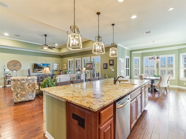 217 Piedmont Hills Pass, Austin, TX 78732 - kitchen with a sink, a chandelier, dark wood finished floors, crown molding, and stainless steel dishwasher