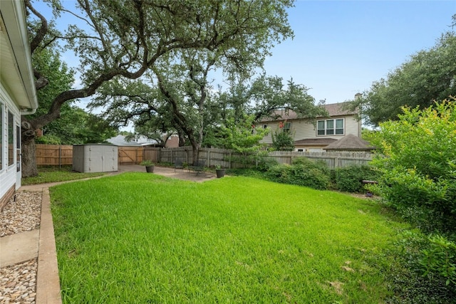 view of yard with a patio, a shed, a fenced backyard, and an outdoor structure