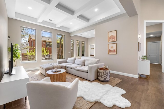 1017 S Quinlan Park Rd, Austin, TX 78732 - living area with beamed ceiling, recessed lighting, coffered ceiling, and wood finished floors