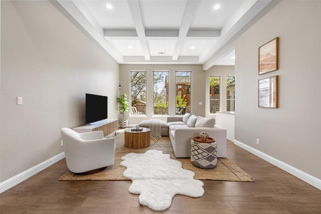 1017 S Quinlan Park Rd, Austin, TX 78732 - living area with beamed ceiling, coffered ceiling, recessed lighting, and wood finished floors