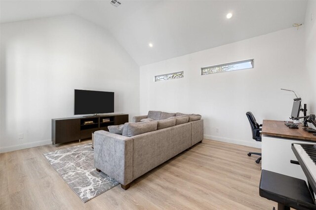 1017 S Quinlan Park Rd, Austin, TX 78732 - living area featuring an office area, light wood-style floors, high vaulted ceiling, and recessed lighting
