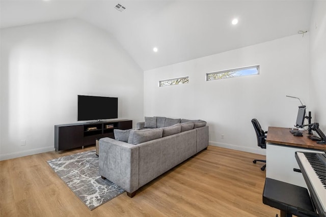 1017 S Quinlan Park Rd, Austin, TX 78732 - living area with an office area, light wood-style flooring, recessed lighting, and high vaulted ceiling