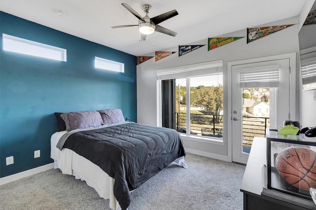 22113 Shotts Dr, Spicewood, TX 78669 - bedroom featuring access to outside, carpet floors, baseboards, and ceiling fan