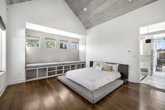 599 Vendemmia Bnd, Austin, TX 78738 - bedroom with high vaulted ceiling, wood-type flooring, wooden ceiling, multiple windows, and recessed lighting