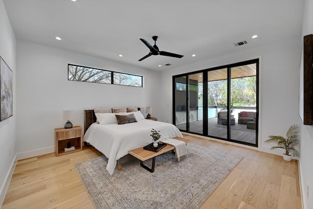 2109 Glendale Pl, Austin, TX 78704 - bedroom featuring access to outside, light wood-style flooring, recessed lighting, baseboards, and a ceiling fan