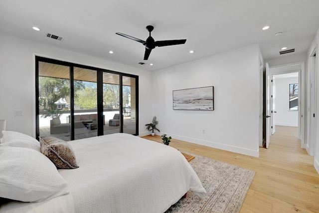 2109 Glendale Pl, Austin, TX 78704 - bedroom featuring access to outside, light wood-type flooring, baseboards, recessed lighting, and a ceiling fan