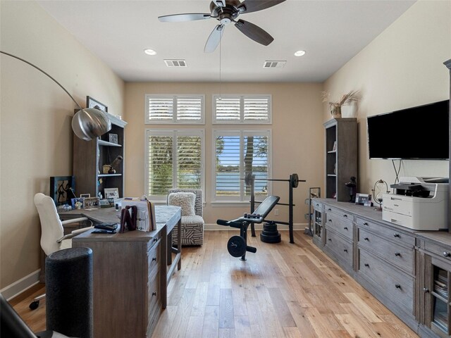 300 E Heron Dr, Marble Falls, TX 78654 - office with a ceiling fan, baseboards, light wood-style floors, and recessed lighting