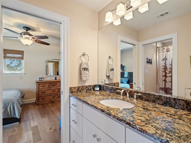 300 E Heron Dr, Marble Falls, TX 78654 - ensuite bathroom featuring wood finished floors, vanity, a ceiling fan, and baseboards
