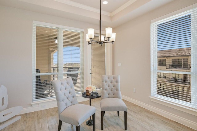 104 Bella Toscana Ave Unit 2301, Lakeway, TX 78734 - sitting room with a chandelier, baseboards, crown molding, light wood-style flooring, and recessed lighting