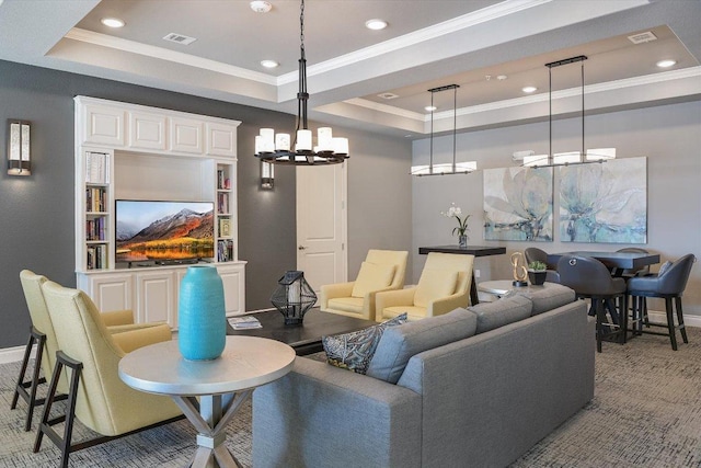 104 Bella Toscana Ave Unit 2301, Lakeway, TX 78734 - living room with a raised ceiling, ornamental molding, a chandelier, recessed lighting, and carpet