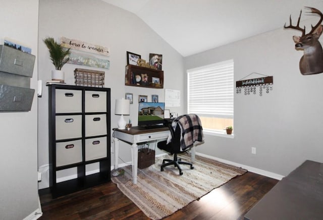 180 Sunshine Ln, Kyle, TX 78640 - office area featuring wood finished floors and lofted ceiling