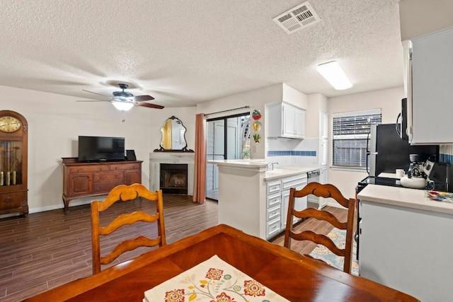 9226 Jollyville Rd Unit 170, Austin, TX 78759 - kitchen with light countertops, ceiling fan, wood finished floors, a textured ceiling, and white cabinetry