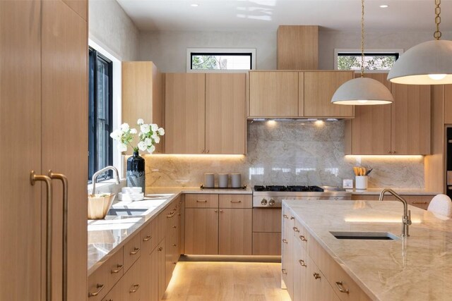 2209 Bowman Ave, Austin, TX 78703 - kitchen with a sink, light wood finished floors, light stone countertops, stainless steel gas stovetop, and backsplash