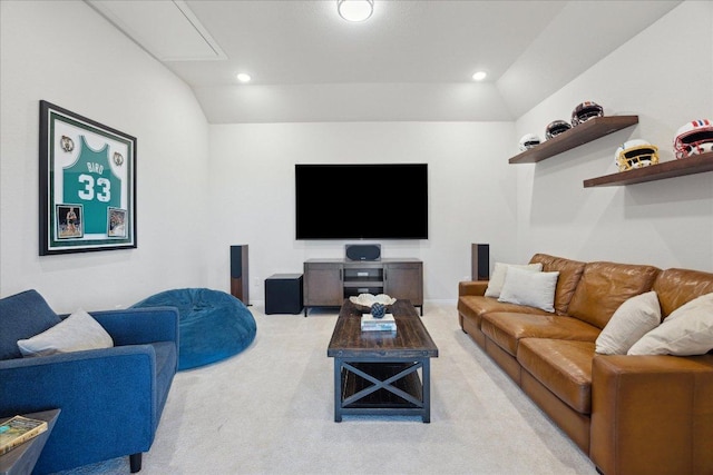 19302 Summit Glory Trl Unit 68, Spicewood, TX 78669 - living room with light colored carpet, attic access, recessed lighting, and lofted ceiling