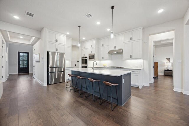 19302 Summit Glory Trl Unit 68, Spicewood, TX 78669 - kitchen featuring stainless steel appliances, under cabinet range hood, a sink, dark wood-type flooring, and recessed lighting