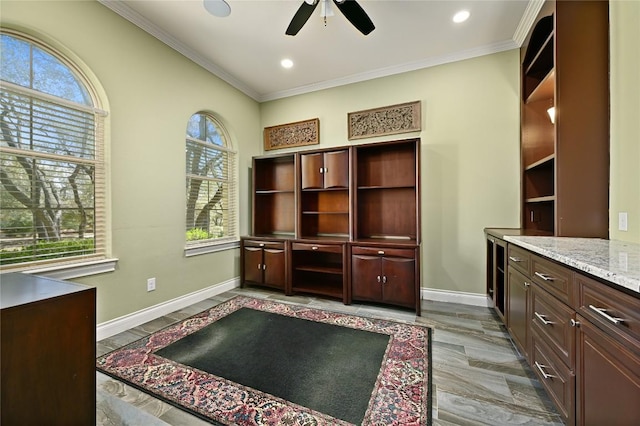 2624 University Club Dr, Austin, TX 78732 - office area featuring recessed lighting, baseboards, a ceiling fan, and crown molding