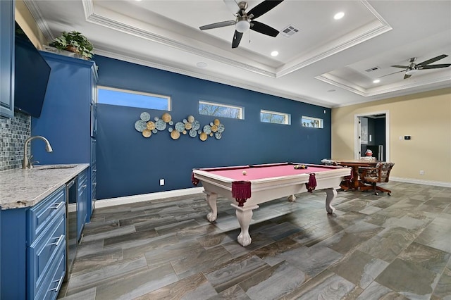 2624 University Club Dr, Austin, TX 78732 - playroom with ornamental molding, a raised ceiling, a ceiling fan, and a sink