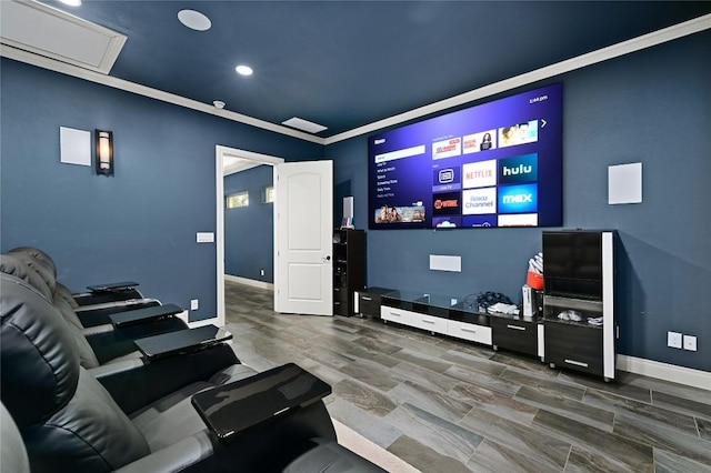 2624 University Club Dr, Austin, TX 78732 - cinema room featuring baseboards, ornamental molding, and recessed lighting