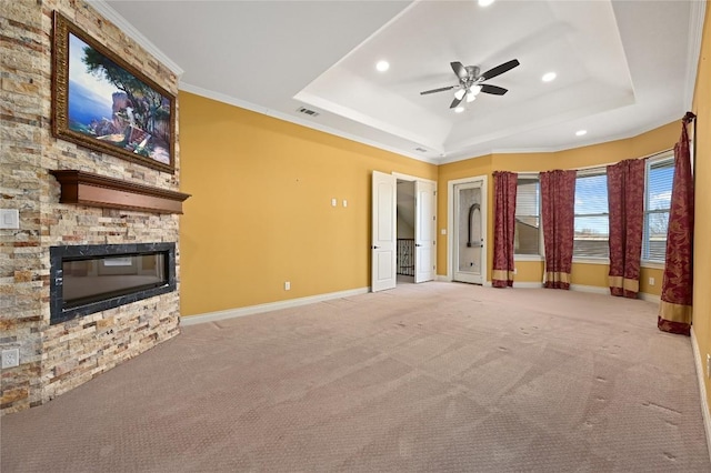 2624 University Club Dr, Austin, TX 78732 - unfurnished living room with recessed lighting, a raised ceiling, ceiling fan, carpet, and baseboards