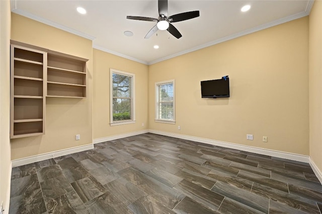 2624 University Club Dr, Austin, TX 78732 - empty room with recessed lighting, a ceiling fan, ornamental molding, and baseboards