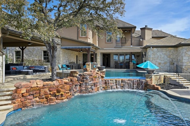 2624 University Club Dr, Austin, TX 78732 - outdoor pool with a patio, an in ground hot tub, ceiling fan, and outdoor lounge area