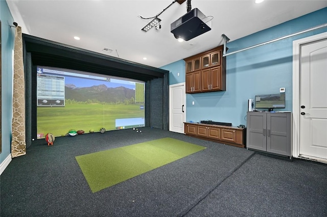 2624 University Club Dr, Austin, TX 78732 - game room with golf simulator, dark colored carpet, and recessed lighting
