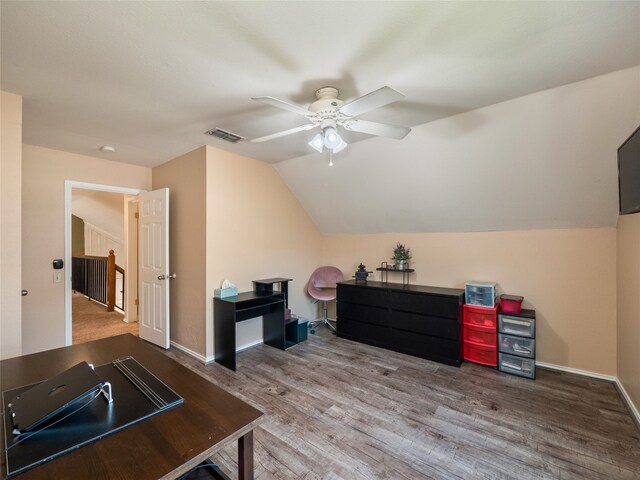 16501 Spotted Eagle Dr, Leander, TX 78641 - office area featuring a ceiling fan, wood finished floors, and vaulted ceiling