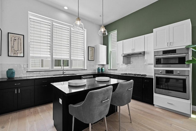 kitchen featuring dark cabinetry, a sink, appliances with stainless steel finishes, and under cabinet range hood