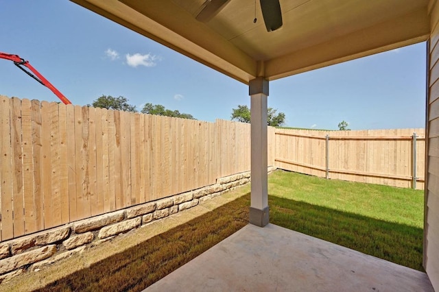 12106 Cantabria Rd, Austin, TX 78748 - fenced backyard with a ceiling fan and a patio