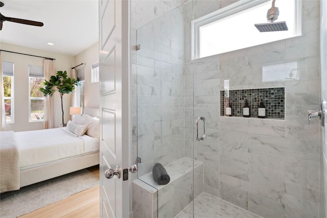 1126 Linden St Unit 1, Austin, TX 78702 - full bathroom with ensuite bath, a shower stall, a ceiling fan, wood finished floors, and recessed lighting