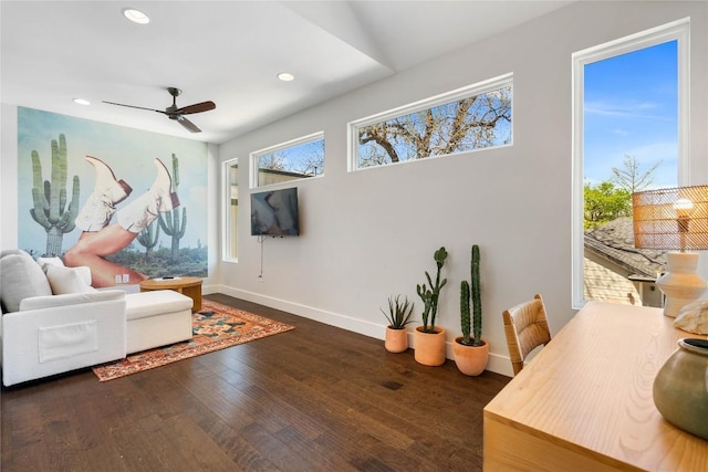1126 Linden St Unit 1, Austin, TX 78702 - living room featuring recessed lighting, dark wood-style flooring, baseboards, and a ceiling fan