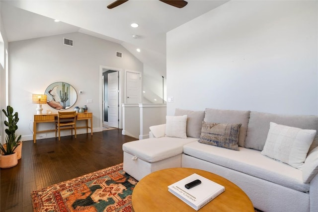 1126 Linden St Unit 1, Austin, TX 78702 - living room featuring a ceiling fan, recessed lighting, wood finished floors, lofted ceiling, and baseboards
