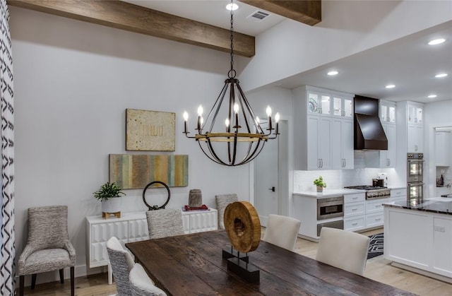 dining room with visible vents, beam ceiling, recessed lighting, light wood-style floors, and an inviting chandelier