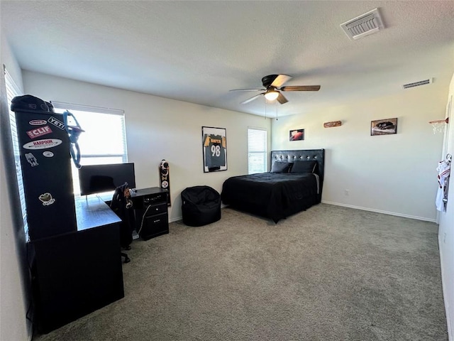 1208 Ravenside Cv, Leander, TX 78641 - bedroom with an office area, carpet, a ceiling fan, and a textured ceiling