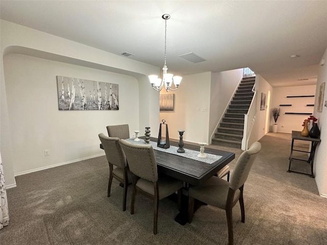 1208 Ravenside Cv, Leander, TX 78641 - carpeted dining space with stairway and a chandelier