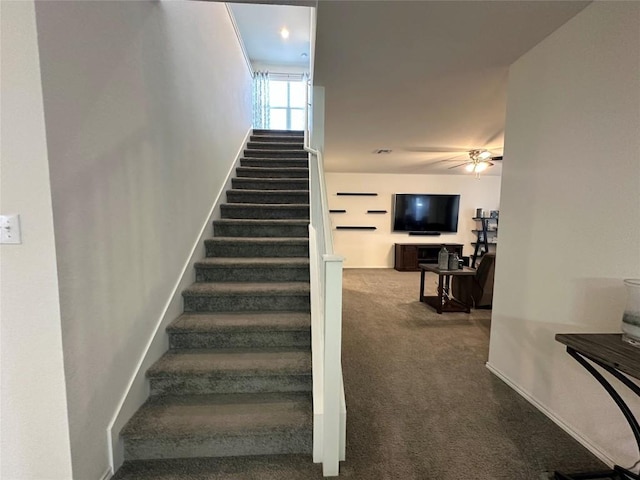 1208 Ravenside Cv, Leander, TX 78641 - staircase featuring carpet and a ceiling fan