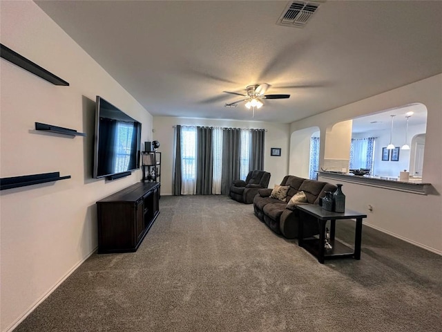 1208 Ravenside Cv, Leander, TX 78641 - carpeted living room with arched walkways and ceiling fan