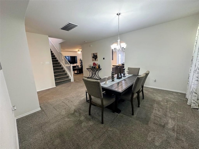 1208 Ravenside Cv, Leander, TX 78641 - carpeted dining space featuring stairway and a chandelier