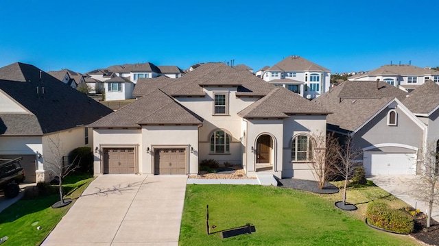 4709 Napoli Shore Dr, Leander, TX 78641 - french country style house with driveway, stucco siding, an attached garage, a residential view, and a front lawn