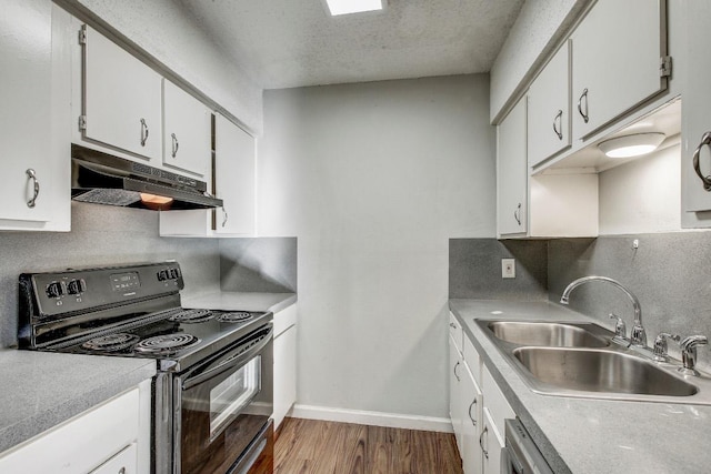 2712 Windswept Cv, Austin, TX 78745 - kitchen with black electric range, under cabinet range hood, wood finished floors, and backsplash