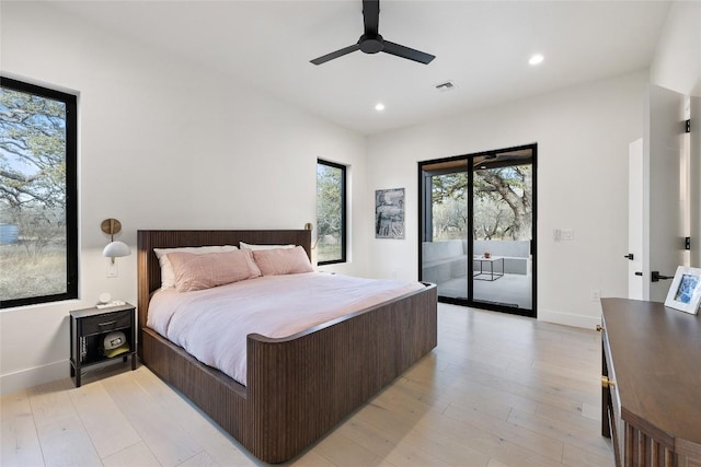 bedroom with recessed lighting, light wood-style flooring, access to exterior, and baseboards