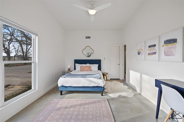 bedroom featuring baseboards, a ceiling fan, visible vents, and carpet flooring