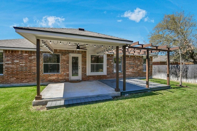 3905 Stonehenge Path, Round Rock, TX 78681 - back of house featuring ceiling fan, a pergola, a patio area, and brick siding