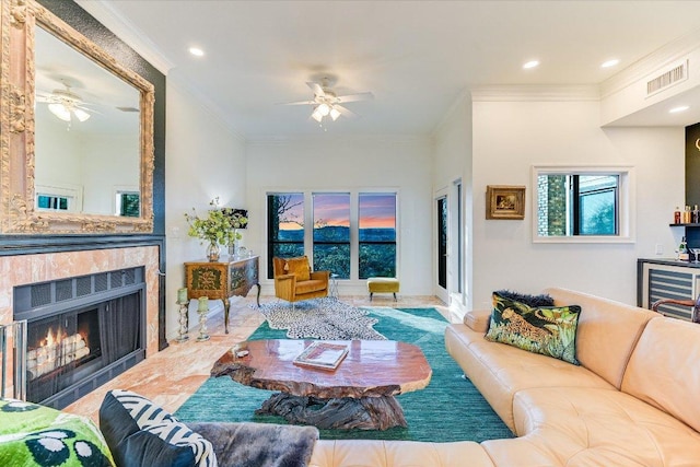 4732 Twin Valley Dr, Austin, TX 78731 - living room featuring ceiling fan, wine cooler, recessed lighting, a fireplace, and crown molding