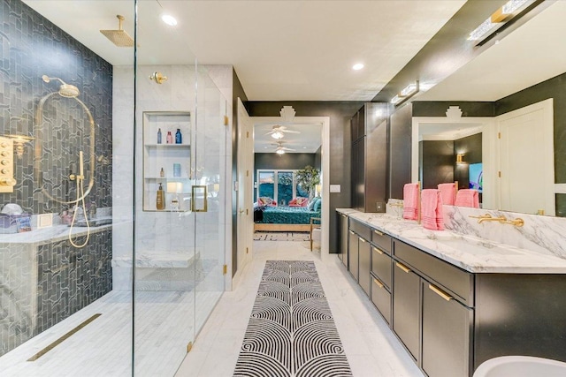 4732 Twin Valley Dr, Austin, TX 78731 - bathroom with ensuite bath, a shower with door, double vanity, a ceiling fan, and recessed lighting