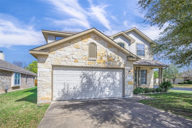 106 Remington Run, Bastrop, TX 78602 - view of front facade featuring stone siding, a front lawn, and driveway
