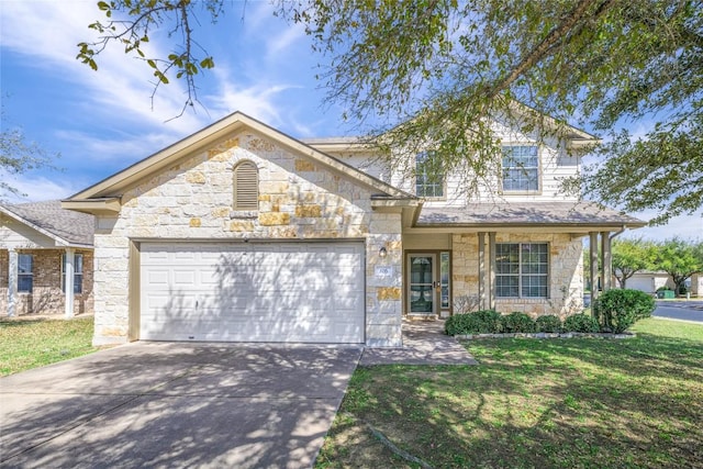 106 Remington Run, Bastrop, TX 78602 - view of front of home featuring stone siding, a garage, a front lawn, and concrete driveway